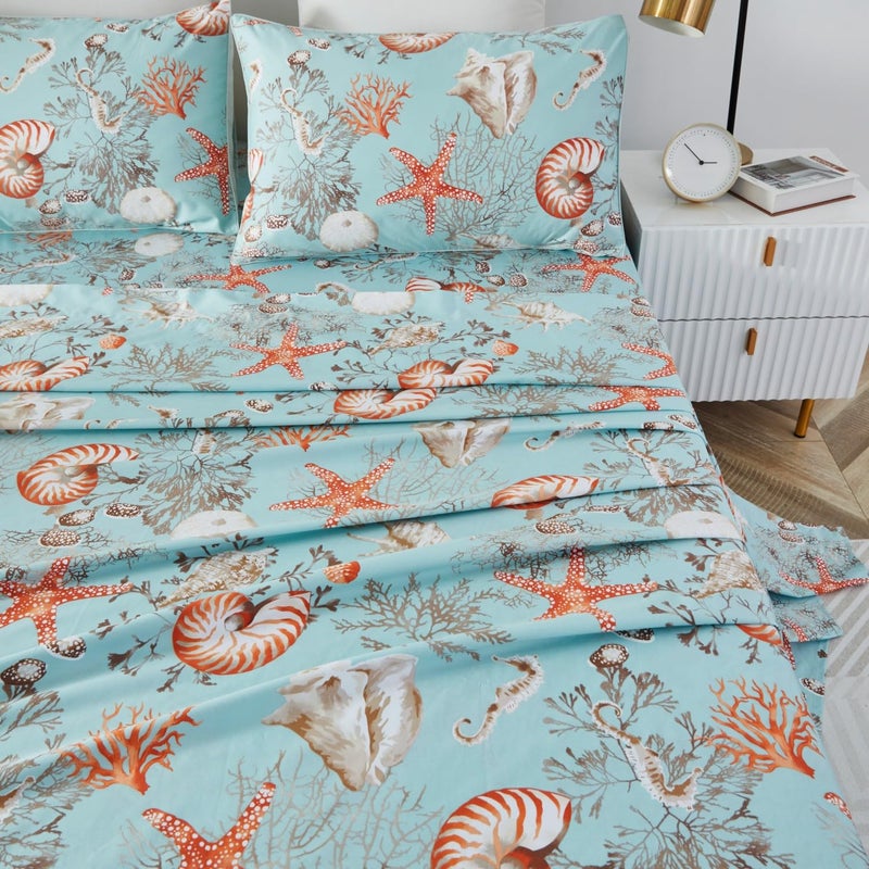 Brandream Luxury Nautical Bedding Queen Size Sheets Set Egyptian Cotton Coastal Beach Bed Sheet Set Deep Pockets 18 Inch 4-Piece Bed Sheets - Image 2